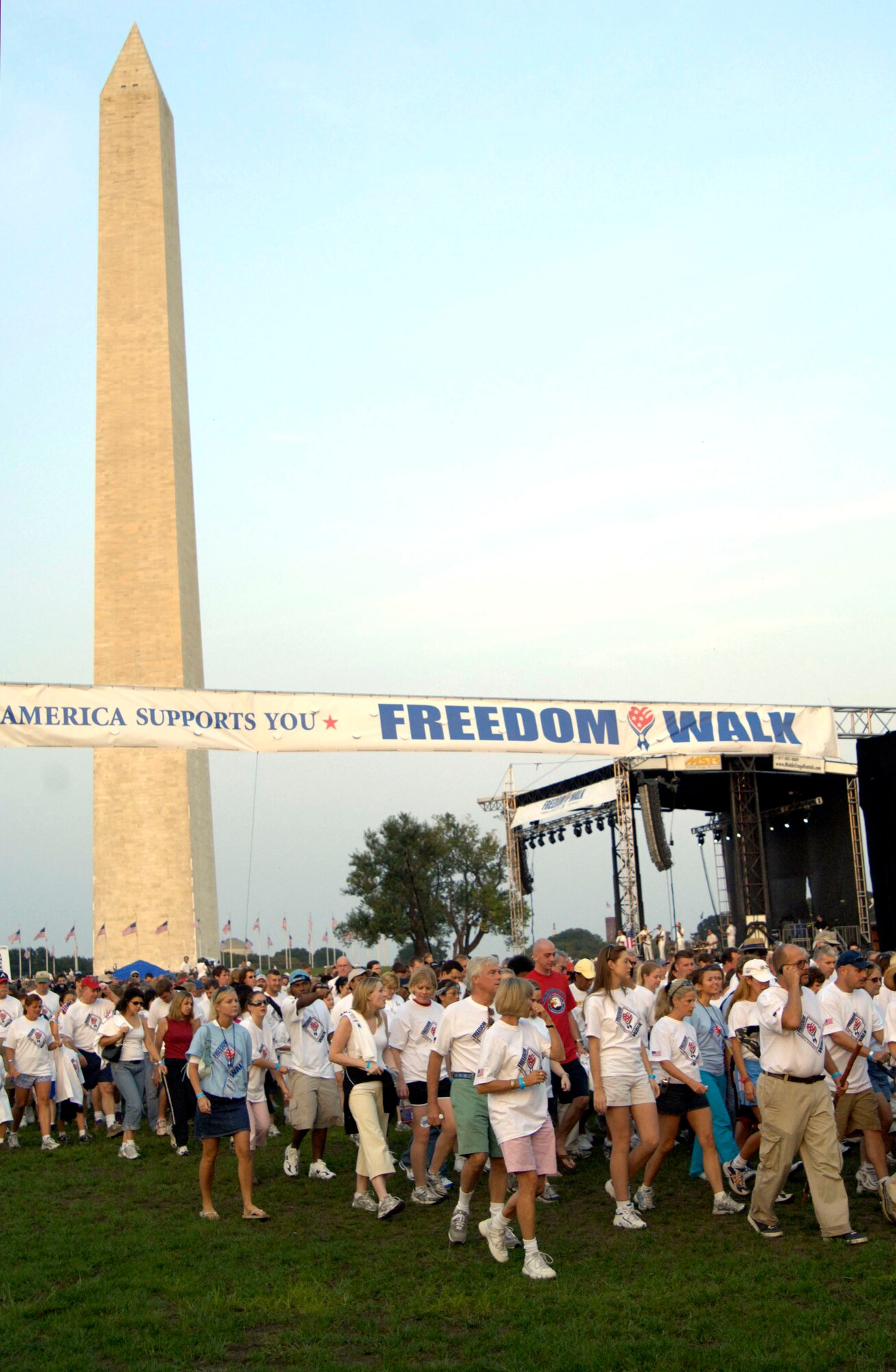 Thousands of participants start walking from the Washington Monument Sept. 10 to honor those who lost their lives Sept. 11, 2001, as a result of the terrorist attacks in New York, Washington and Pennsylvania. The walk concluded at the Pentagon where opera singer Denyse Graves performed. The Pentagon was then illuminated with 184 beams of light to commemorate the 184 lives who were lost at the Pentagon. (U.S. Air Force photo/Tech. Sgt. Cohen A. Young)