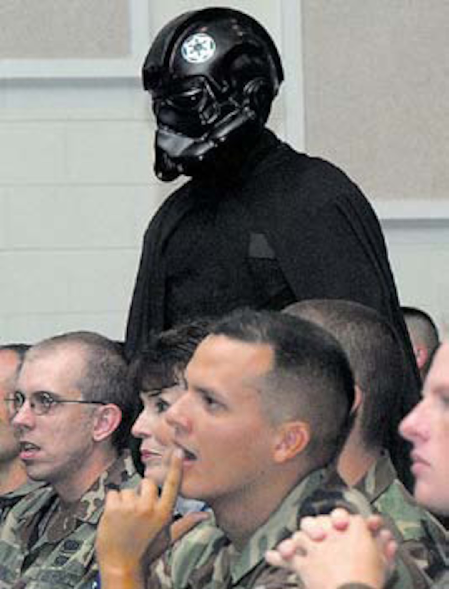 Space and Missile Systems Center Guardian Challenge Mascot, the Space Warrior (Lorenzo Humphrey), motivates the audience during the GC opening Cceremony.