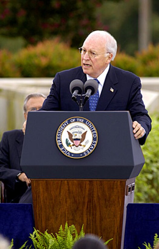 Vice President Dick Cheney addresses the audience assembled at the Pentagon on Sept. 11, 2006 to mark the fifth anniversary of the terrorist attack on the famous building that serves as the headquarters of the Department of Defense.  