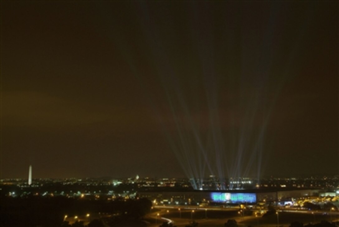 During the 5th anniversary of the terrorist attacks, 184 lights rise from the courtyard of the Pentagon Sept. 10, 2006.  The lights commemorate the lives lost when American Airlines Flight 77 crashed into the Pentagon on Sept. 11, 2001.  