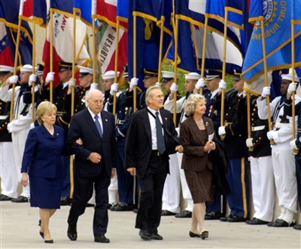Lynne Cheney, Vice President  Dick Cheney, Defense Secretary Donald H. Rumsfeld and Joyce Rumsfeld arrive at the Pentagon Mall Entrance on Sept. 11, 2006, for ceremonies marking the fifth anniversary of the terrorist attack on the Pentagon.  