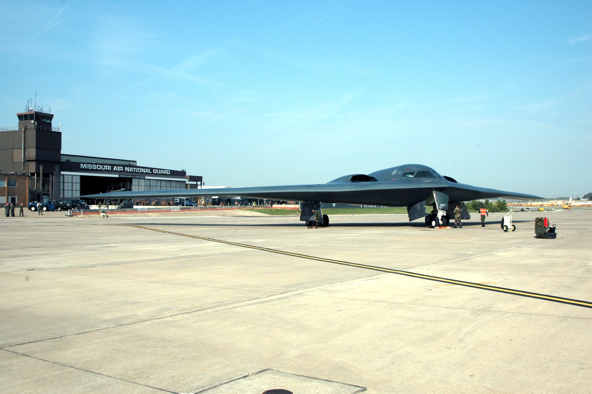 A B-2 Spirit stealth bomber sits on the tarmac at the 131st Fighter Wing at Lambert International Airport in St. Louis Sept. 9. (U.S. Air Force photo/Master Sgt. Mary-Dale Amison)