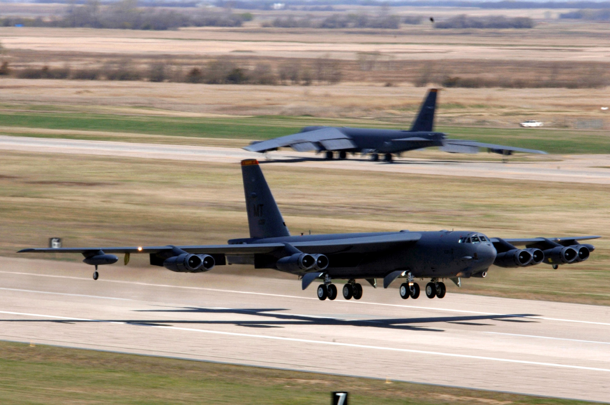 A B-52 Stratofortress powered by a mix of synthetic and JP-8 fuel is slated to take its first flight Sept. 19 from Edwards Air Force Base, Calif., bringing the Air Force one step closer to reducing its dependence on foreign fuel. 
The B-52s shown are at Minot Air Force Base, N.D. (U.S. Air Force photo/Senior Airman Stacy Moless)