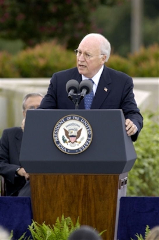 Vice President Dick Cheney addresses the audience assembled at the Pentagon on Sept. 11, 2006, to mark the 5th anniversary of the terrorist attack on the building.  Secretary of Defense Donald H. Rumsfeld and Chairman of the Joint Chiefs of Staff Gen. Peter Pace, U.S. Marine Corps, joined Cheney at the ceremony for family members of the 184 persons killed in the attack and Pentagon employees.  