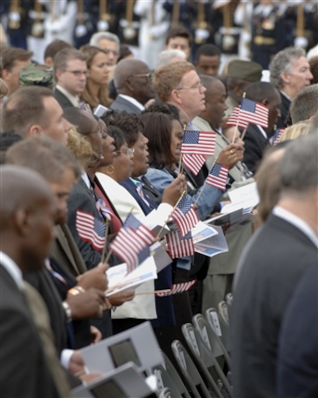 Family members of victims of the Sept. 11, 2001, terrorist attack on the Pentagon attend the five-year observance held at the Pentagon on Sept. 11, 2006.  Addressing the families were Vice President Dick Cheney, Secretary of Defense Donald H. Rumsfeld and Chairman of the Joint Chiefs of Staff Gen. Peter Pace, U.S. Marine Corps.  