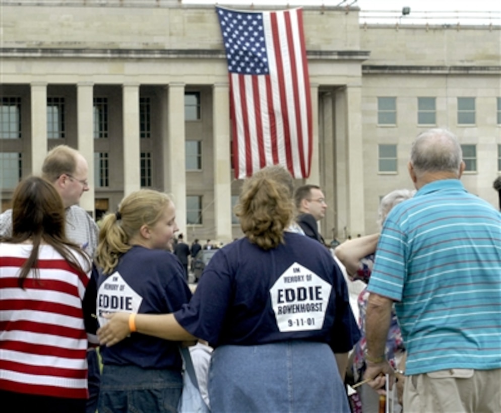 The family of Eddie Rowenhorst are among those marking the 5th anniversary of the Sept. 11, 2001, during a ceremony on Sept. 11, 2006.  The observance featured speeches by Vice President Dick Cheney, Secretary of Defense Donald H. Rumsfeld, and Chairman of the Joint Chiefs of Staff Gen. Peter Pace, U.S. Marine Corps.  