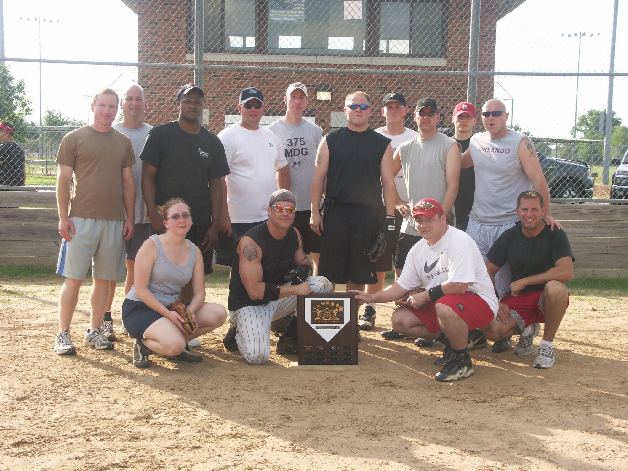 The Rising Six softball team from the 932nd Airlift Wing pose with their trophy after defeating the Top Three in a softball showdown.   Photo/Tech. Sgt. Daniel Oliver