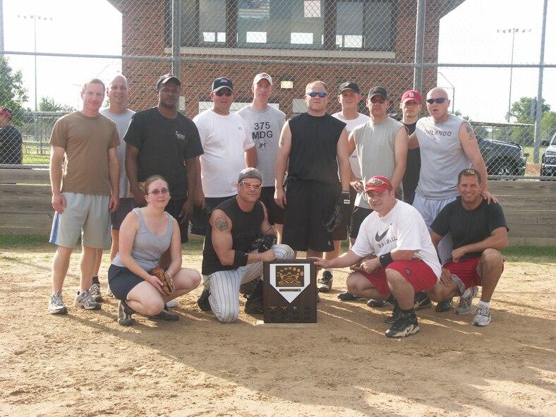 The Rising Six softball team from the 932nd Airlift Wing pose with their trophy after defeating the Top Three in a softball showdown.   Photo/Tech. Sgt. Daniel Oliver