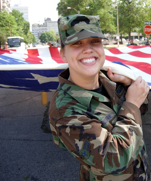 The 932nd Airlift Wing participates in the annual Veiled Profit parade held in St. Louis around each Fourth of July. Photo/Capt. Stanley Paregien.