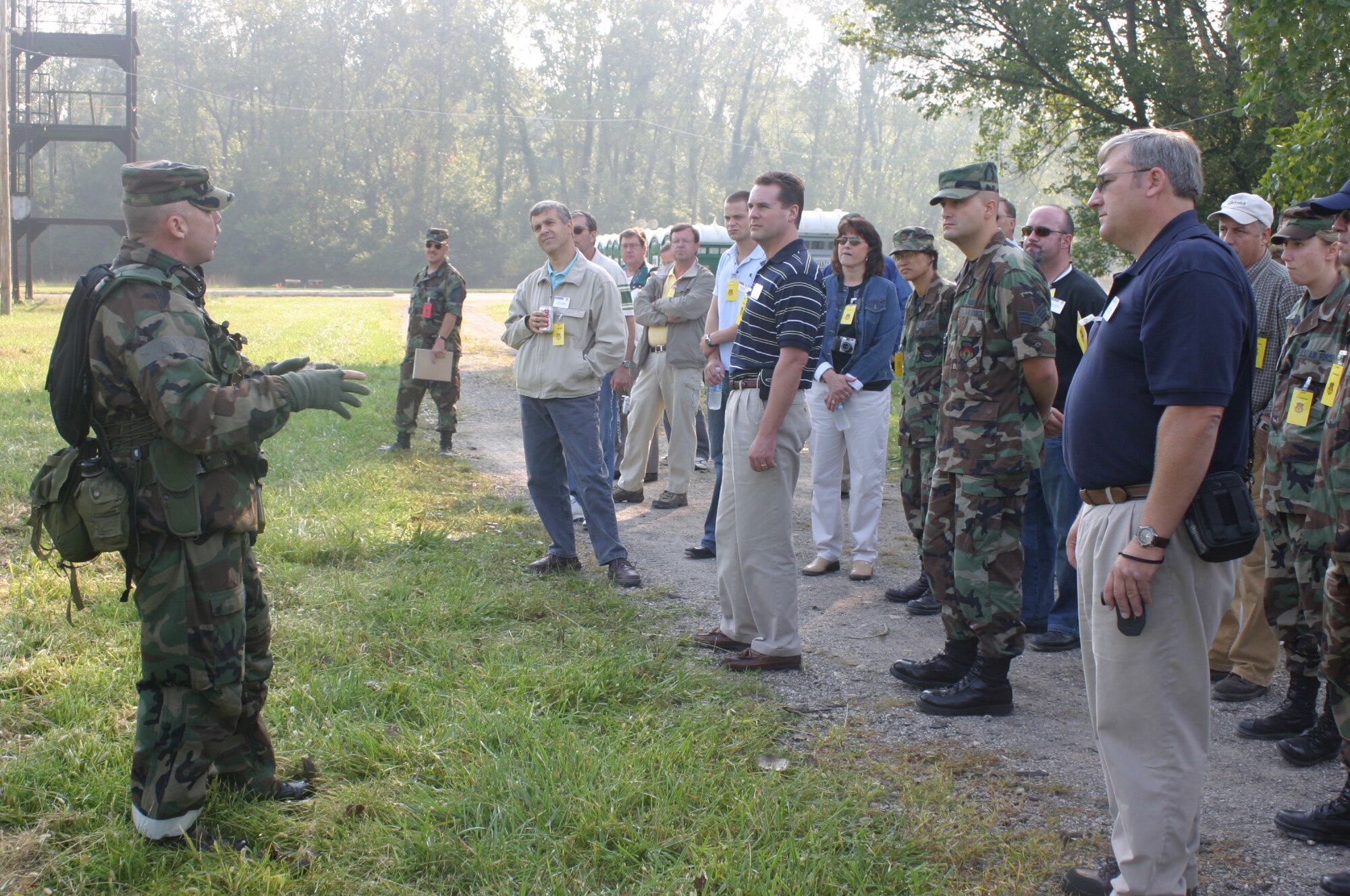 WRIGHT-PATTERSON AIR FORCE BASE, Ohio - Senior Master Sgt. William Spradlin, first sergeant, 445th Security Forces Squadron, explains wing exercise scenarios to employers Sept. 9, 2006.  More than 25 employers accompanied their reservists here to get a glimpse of life as a reservist and wing missions. (U.S. Air Force Photo/Master Sgt. Doug Moore) 