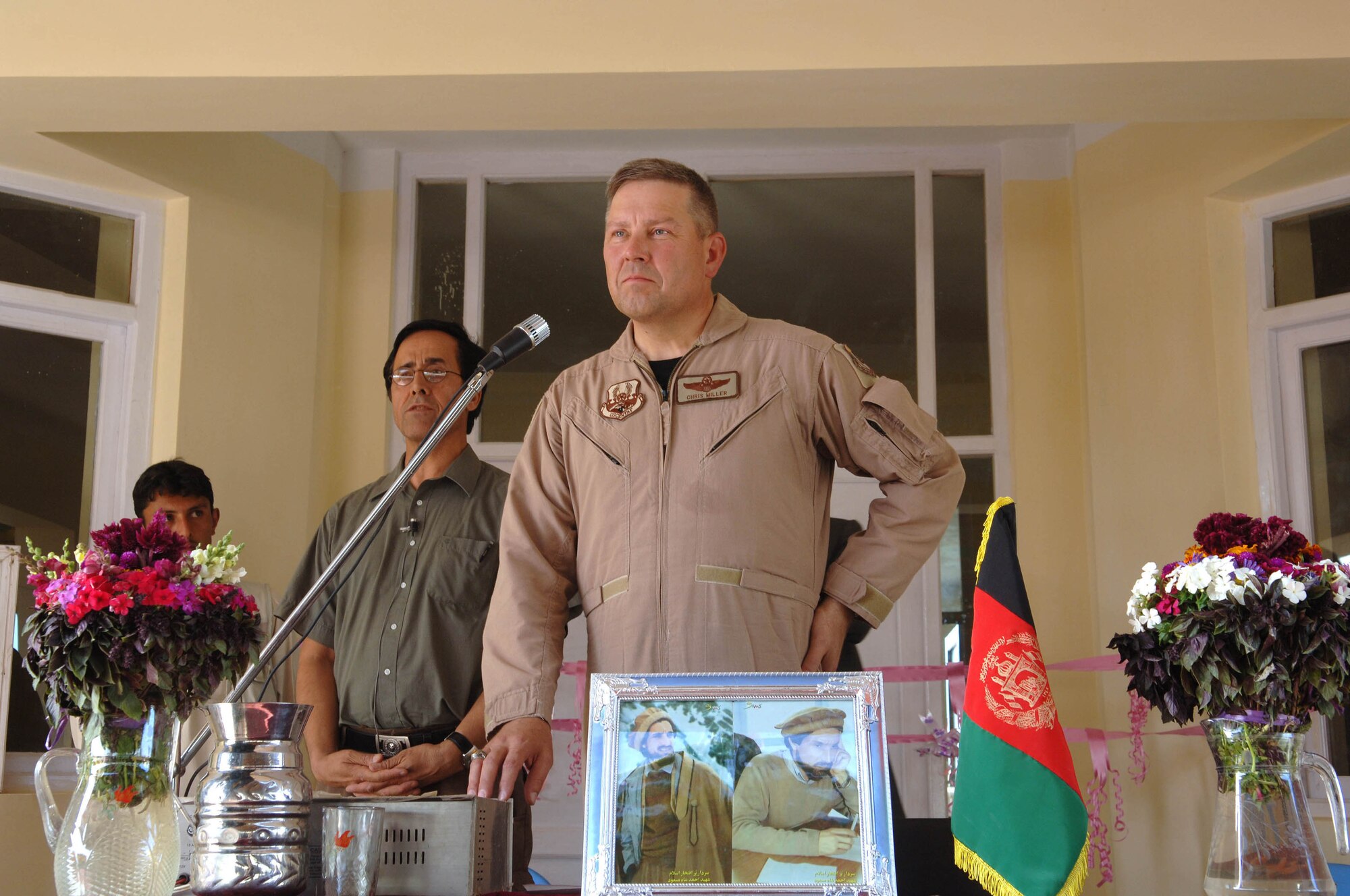 Brig. Gen. Christopher Miller, 455 AEW commander, was a keynote speaker at a school opening in an Afghan village outside Bagram Airfield.  The school will provide a safe learning environment for dozens of children and was the culmination of year's work by the U.S. led PRT, or Provincial Reconstruction Team.  (US Air Force photo/Tech. Sgt. Joseph Kapinos)