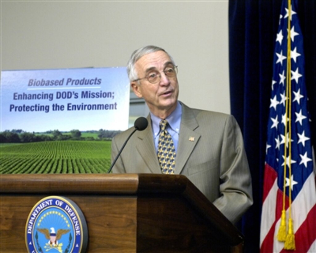Deputy Secretary of Defense Gordon England delivers remarks at the opening of a biobased product showcase and educational event in the Pentagon on Sept. 12, 2006.  England was joined by Secretary of Agriculture Mike Johanns, Sen. Tom Harkin, Sen. Richard Lugar, and Rep. Marcy Kaptur.  Thirty-seven companies will be exhibiting products ranging from industrial cleaners and degreasers, lubricants, paints and fuels to clothing and insulating materials.  