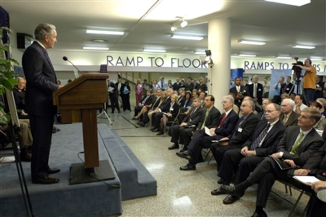 Iowa Sen. Tom Harkin addresses the audience assembled in the Pentagon on Sept. 12, 2006, for the opening of a showcase of biobased products.  Deputy Secretary of Defense Gordon England is host for the event that features displays by thirty-seven American companies of a wide variety of products made from renewable biological resources.  As the nation's largest consumer of goods and services the Department of Defense is interested in products such as biobased fuels, industrial-cleaning products, paints and paint removers, insulation materials and even toner ink.  Products such as these tend to be environmentally friendly and can all be made from homegrown renewable resources.  Others participating in the event include Secretary of Agriculture Mike Johanns, Indiana Sen. Richard Lugar and Ohio Rep. Marcy Kaptur.  