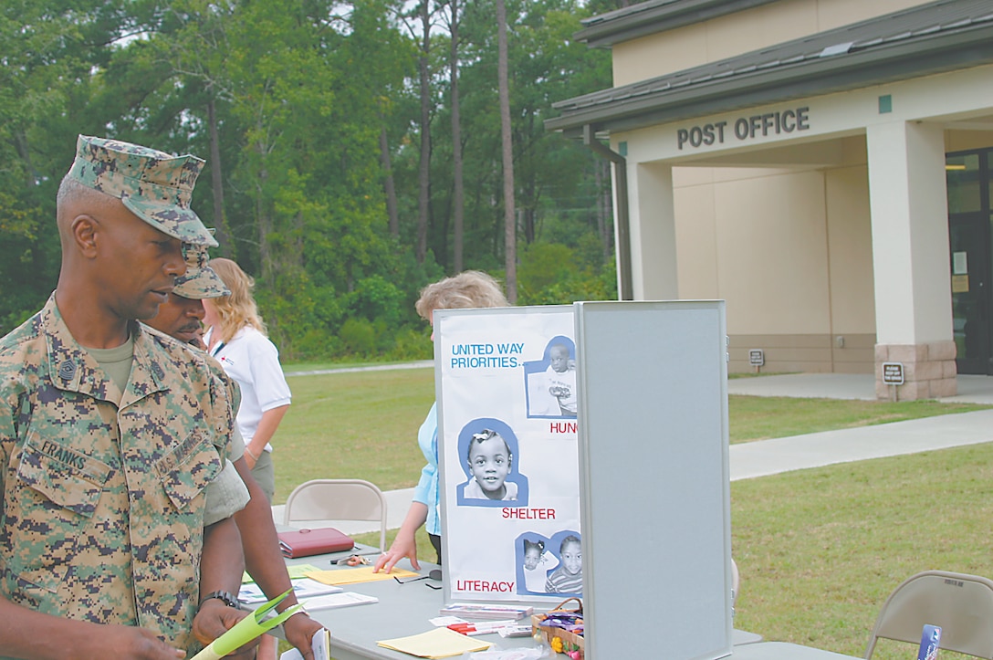 Sgt. Maj. Anthony Franks, the Air Staion sergeant major, takes time out to attend the Air Station's Combined Federal Campaign kick-off Sept. 14. Various CFC organizations joined 2nd Lt. Jacob Hoskins, the Air Station's CFC coordinator, to launch the two-hour 2006 CFC fund-raiser campaign.