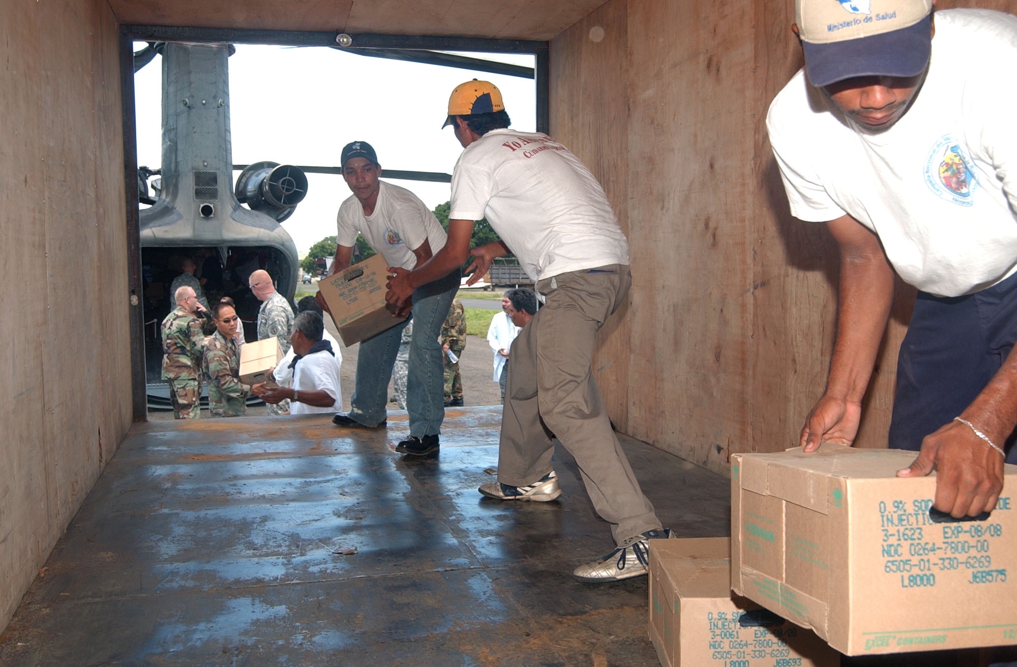 Staff from the Nicaragua Ministry of Health and U.S. servicemembers load medical supplies onto a truck at the airport in Leon, Nicaragua, Sept. 13. Joint Task Force-Bravo members at Soto Cano Air Base, Honduras, donated more than $185,000 worth of medical equipment and supplies to a hospital where people were being treated after an alcohol poisoning epidemic. (U.S. Air Force photo/Capt. Alysia Harvey) 