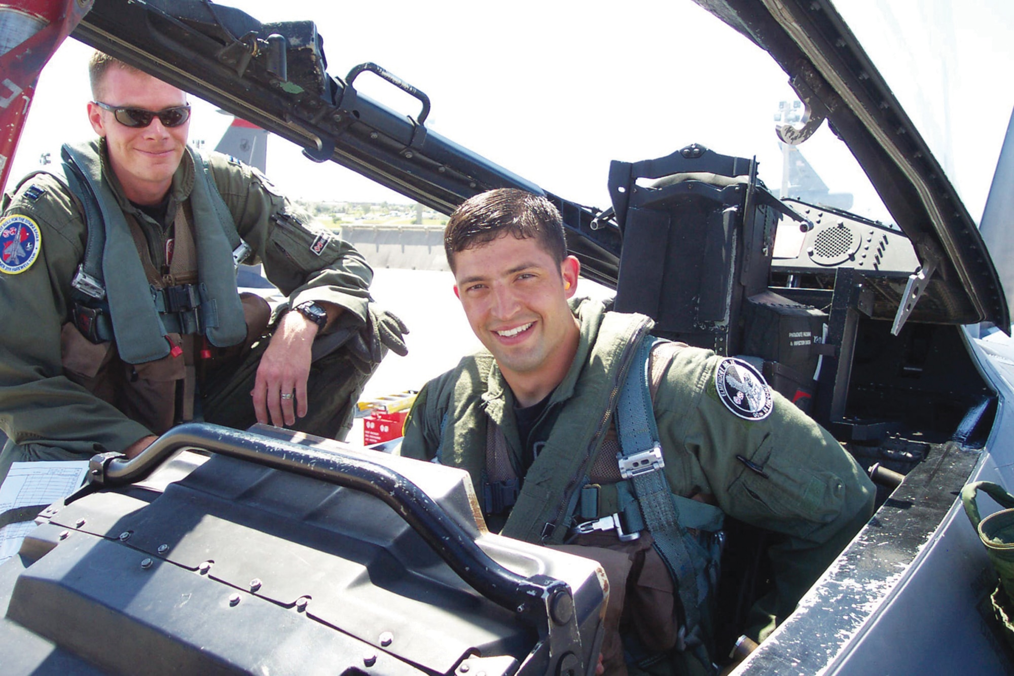 Capt. Matthew Hummel, 3rd Aircraft Maintenance Squadron, gets strapped into the back seat of a 90th Fighter Squadron F-15E late last week for his long-awaited incentive flight. His pilot, Capt. Jason “Stinger” Houston showed him the ins and outs of the aircraft and its systems, giving him an appreciation for the operator’s perspective. (Courtesy photo)