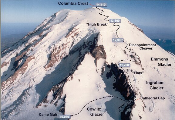 MCCHORD AIR FORCE BASE - A souvenir photo shows the route Master Sgt. Darran Baggs took on his climb to the summit of Mount Rainer.  Sergeant Baggs is a Reservist with the 446th Maintenance Squadron here. (Photo courtesy of Sergeant Baggs)