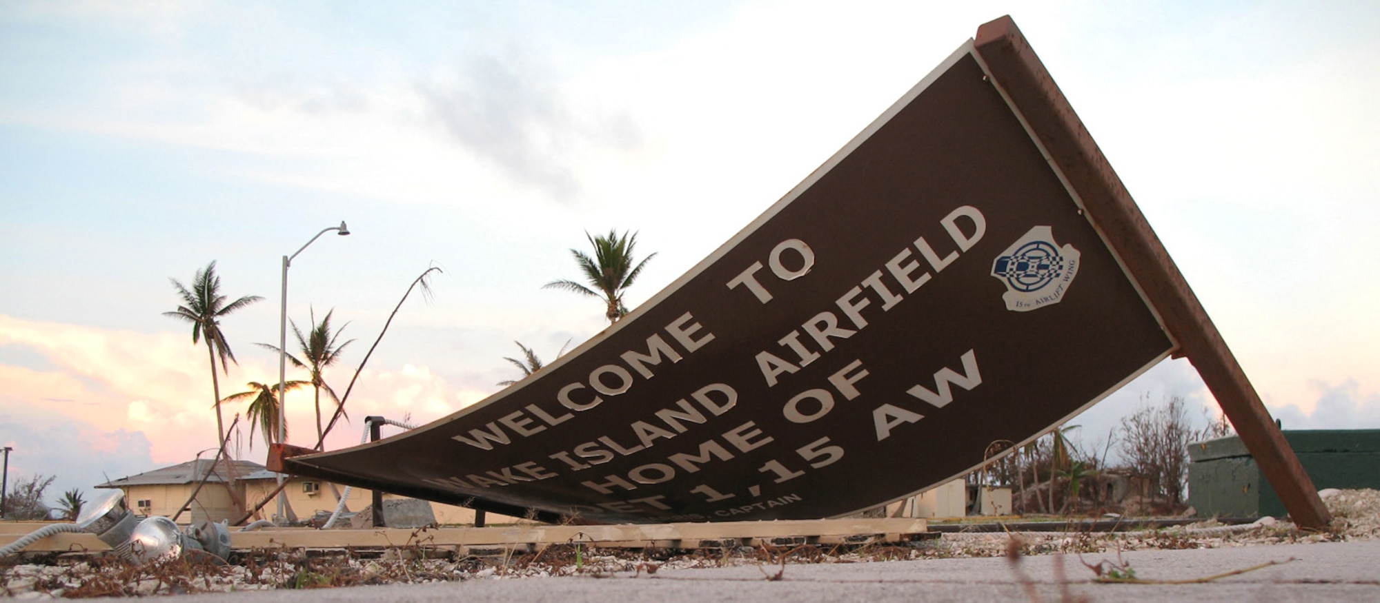 Damage at the Wake Island airfield, where Super Typhoon Ioke brought 150 mph winds and 190 mph gusts Aug 31. A damage assessment team arrived from Hickam Air Force Base, Hawaii, Sept. 13 to estimate the cost of the damage. (U.S. Air Force photo/Tech. Sgt. Chris Vadnais)
