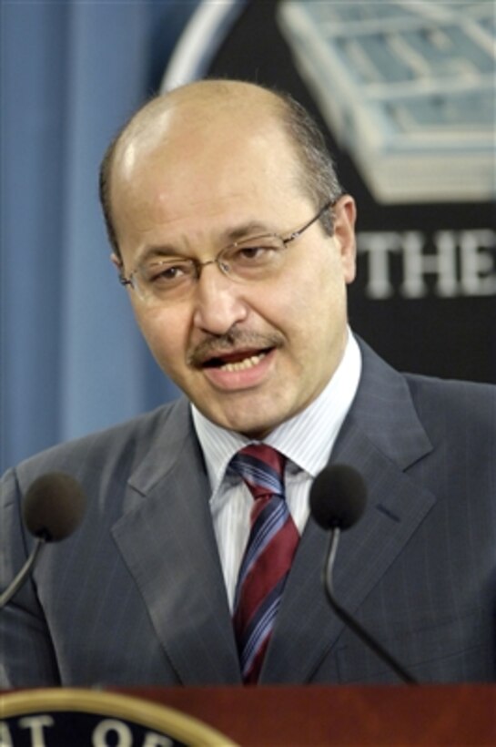 Iraq's Deputy Prime Minister Barham Salih conducts a press conference in the Pentagon on Sept. 14, 2006.  Salih discussed some of the many problems being faced by his government and stressed that progress is being made.  Salilh expressed gratitude for all America has done for his nation and remained hopeful that the U.S. will continue to stay the course with Iraq's fledgling democracy.  