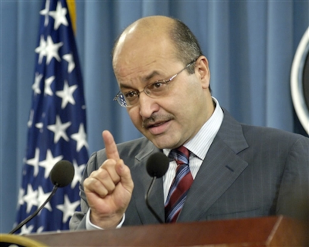 Iraq's Deputy Prime Minister Barham Salih conducts a press conference in the Pentagon on Sept. 14, 2006.  Salih discussed some of the many problems being faced by his government and stressed that progress is being made.  Salilh expressed gratitude for all America has done for his nation and remained hopeful that the U.S. will continue to stay the course with Iraq's fledgling democracy.  
