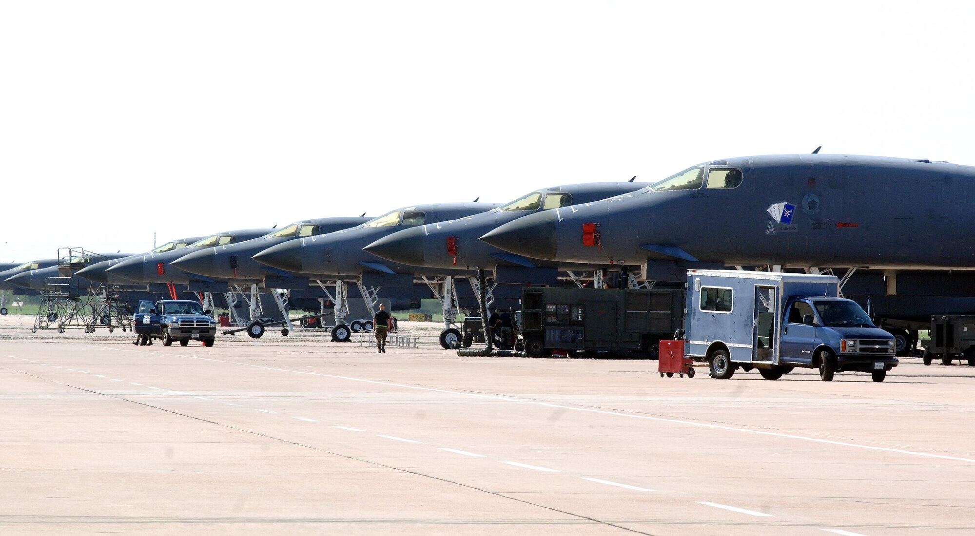 B-1B Lancers line the ramp at Dyess Air Force Base, Texas.  Dyess has the only B-1 pilot-training facility in the Air Force. (U.S. Air Force photo/Tech. Sgt. Larry A. Simmons)