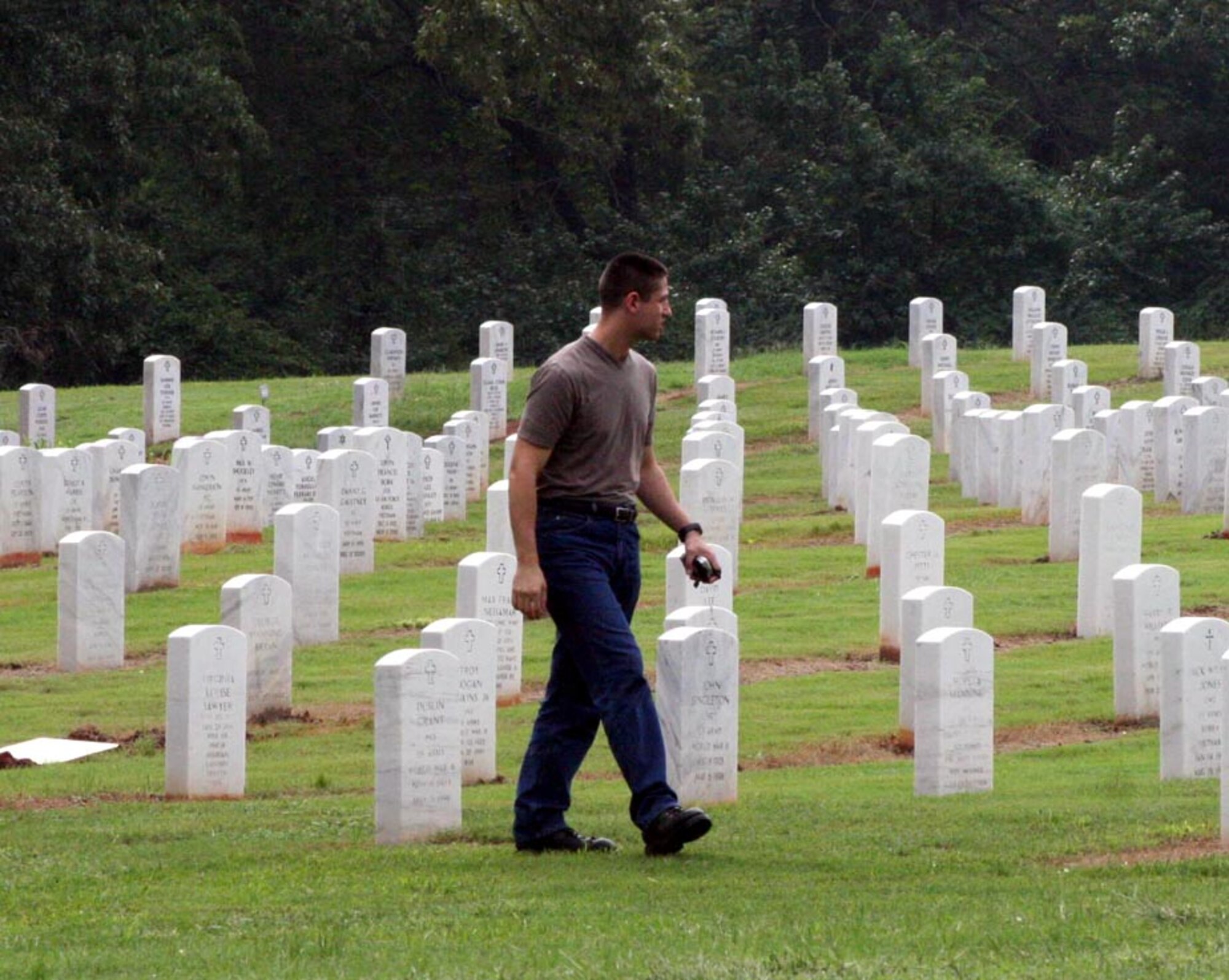 An Airman walks through the headstones at Andersonville National cemetery. Veterans from the Civil War through present day conflicts are buried there.
(U.S. Air Force Photograph by Staff Sgt. Mareshah Haynes)
