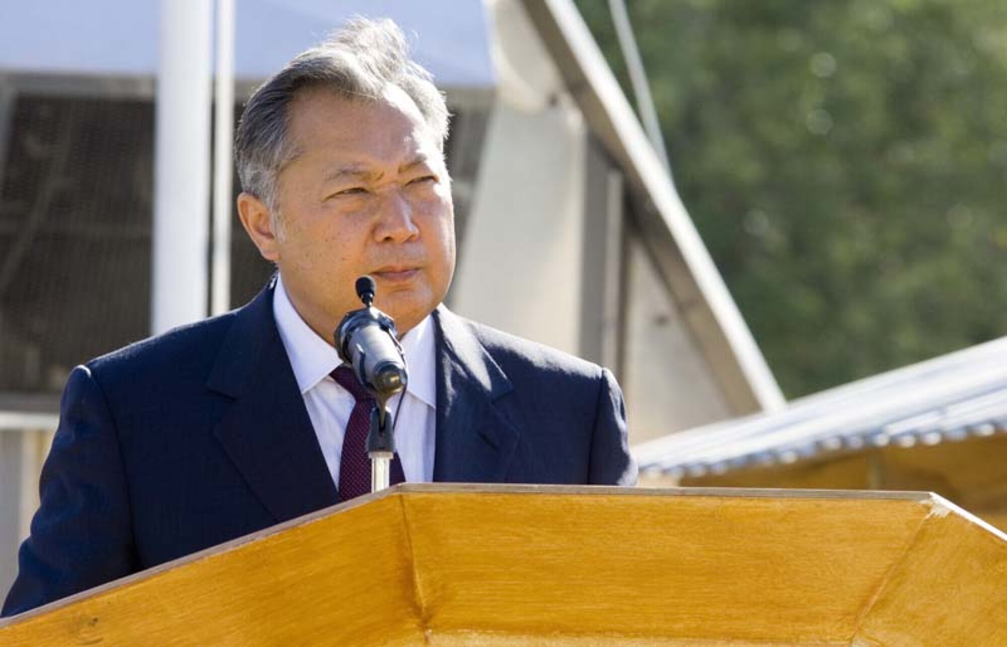 Kurmanbek Bakiev, the president of Kyrgyzstan, delivers the keynote speech during a remembrance ceremony held at Manas Air Base, Kyrgyzstan, Sept. 11. The ceremony marked the first time the president visited the base. (U.S. Air Force photo/Jim Westfall)