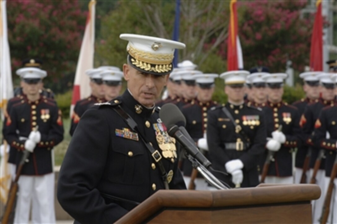 Chairman Joint Chiefs of Staff Gen. Peter Pace, U.S. Marine Corps, addresses the audience during National POW/MIA Recognition at the Pentagon on Sept. 15, 2006.  Congressman and Vietnam veteran Robert Simmons was the guest speaker at the ceremony hosted by Deputy Secretary of Defense Gordon England and Pace.  