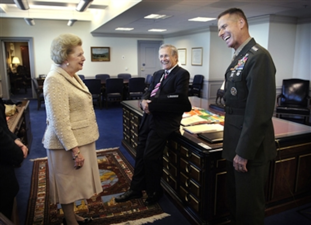 Lady Margaret Thatcher, former prime minister of Great Britain, shares a laugh with Secretary of Defense Donald H. Rumsfeld, and Chairman Joint Chiefs of Staff Marine Gen. Peter Pace during her visit to the Pentagon, Sept 12, 2006.  Michael B. Donley, director of Administration and Management at the Pentagon presented Thatcher with an honorary key to the Pentagon as a small tribute to her service to the United States.