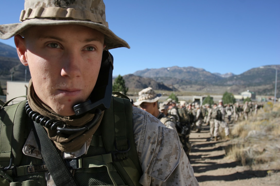 MARINE CORPS MOUNTAIN WARFARE TRAINING CENTER BRIDGEPORT, Calif. ? Looking out at the steep mountain path in front of him, Lance Cpl. Leroy Prior, field radio operator, 1st Platoon, India Company, 3rd Battalion, 7th Marine Regiment, and other Marines prepare to step off for the first leg of a three-day battalion final exercise.