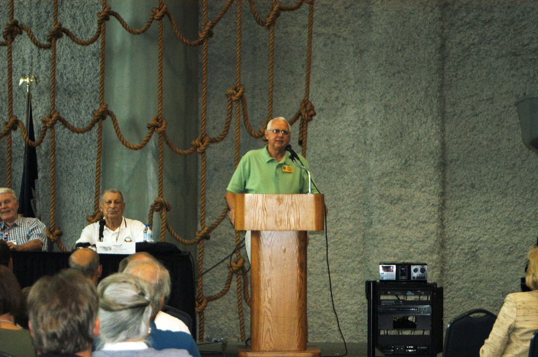 Nick Mueller, president of the National World War II Museum, addresses the audience before handing over the microphone at the Oflag 69 Reunion Sept. 16. The reunion gathered men who were held at Oflag 69, a prisoner of war camp during World War II.