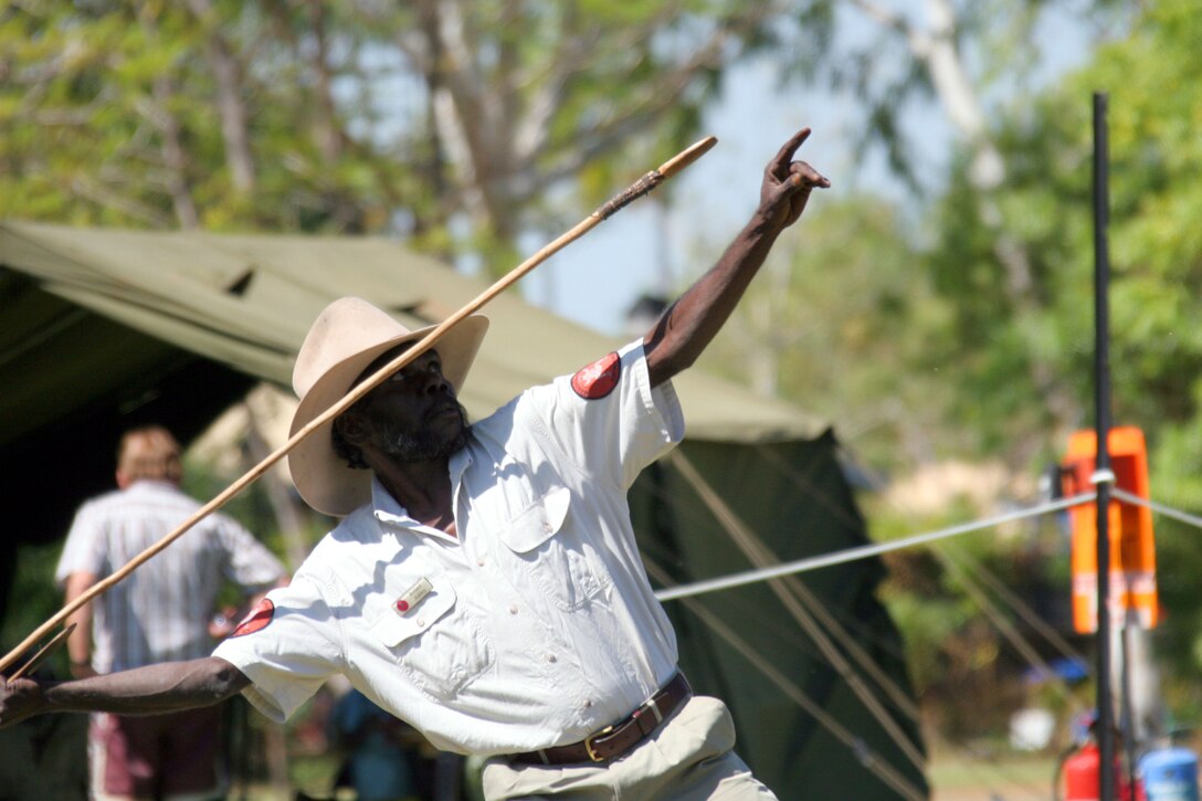 Roland Ashley, a Jawoyn tribe resident of the Manyallaluk/Eva Valley community, demonstrates how to launch a spear with a "pikirri" or woomera (spear thrower). Nowadays spears are mostly used in ritual fights and in demonstrations of skills.