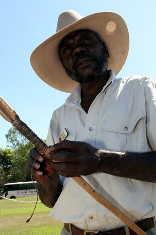 Roland Ashley, a Jawoyn tribe resident of the Manyallaluk/Eva Valley community, prepares a spear for the spear launching demonstration and lessons. According to Grant Steele, Manyallaluk/Eva Valley manager, in the old days Aborigines used spears to hunt, but these days rifles are mostly used.