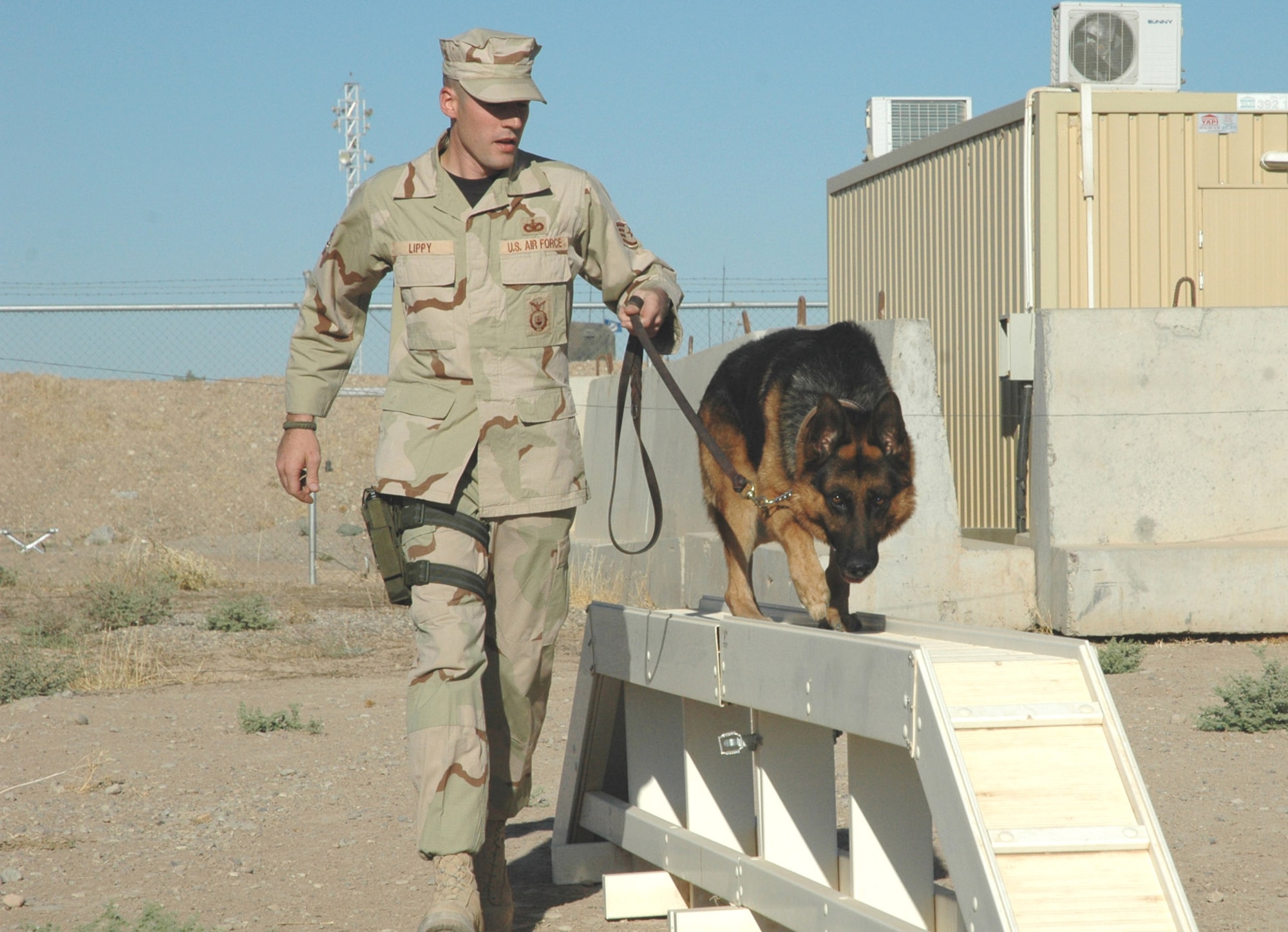 Staff Sgt. Keith Lippy and Beni are celebrating the Air Forces' 59th Birthday on patrol in Iraq.  Benji and Sergeant Lippy, a military working dog handler, are assigned to the 506th Expeditionary Security Forces Squadron at Kirkuk Air Base, Iraq.  (U.S. Air Force photo)