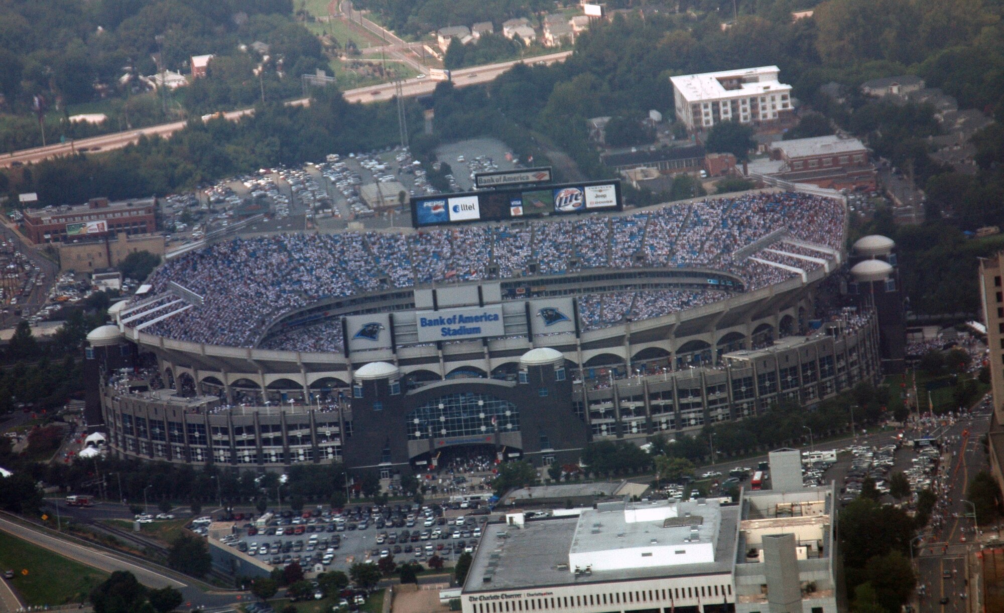 The Bank of America Stadium in Charlotte, N.C. as seen from the flight deck of a C-17 Globemaster III.  Aircrew members from each flying squadron in the the 315th Airlift Wing, Charleston AFB, S.C., flew a fly-by in a for the Carolina Panthers’ season opener on Sept. 10, 2006. (Photo by Capt. Wayne Capps, USAFR)