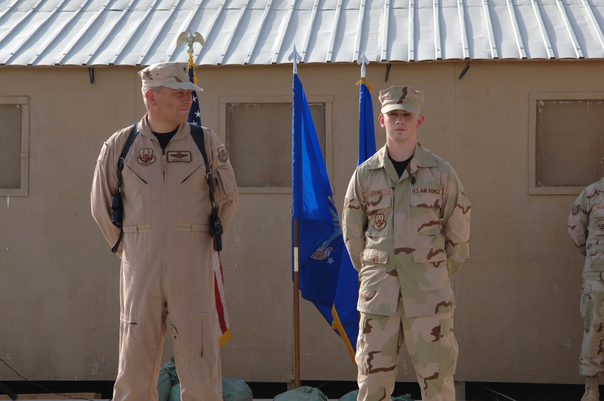 Brig. Gen. Christopher Miller, 455th Air Expeditionary Wing commander, and Airman Nicholas Levine, a crew chief with the 455th Expeditionary Maintenance Squadron, represent the most senior officer and the youngest airman in the wing.  The Air Force tradition of highlighting these two people is used to represent both ends of the spectrum and fullness of the service on its birthday.