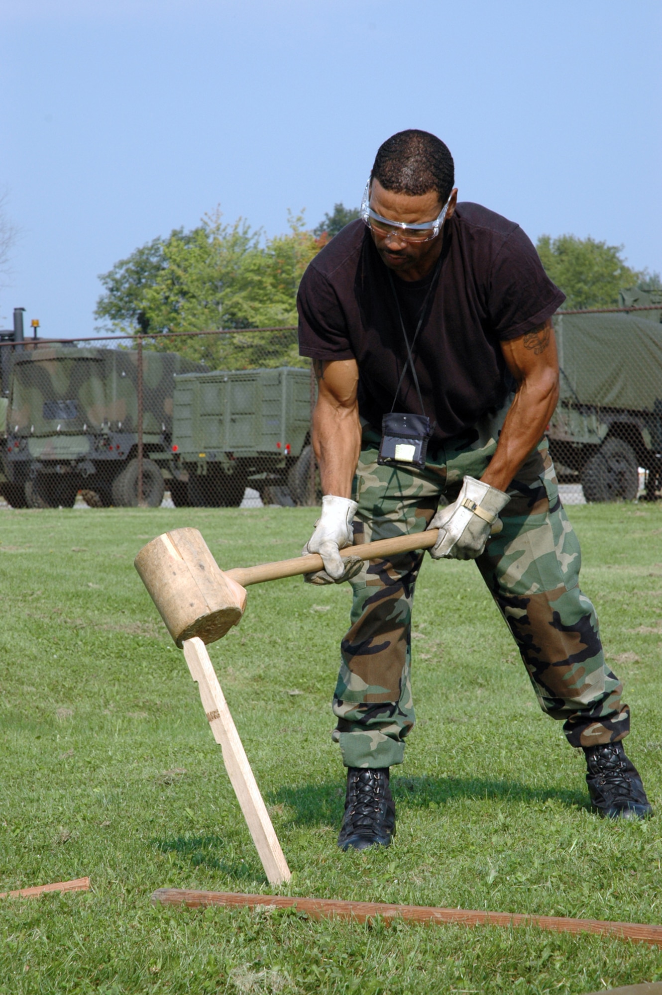 YOUNGSTOWN AIR RESERVE STATION, Ohio -- This tent stake was not going to give any trouble to Air Force Reserve Senior Airman Dale Anderson, an electrical power production journeyman here, during the 910th Civil Engineer Squadron's annual bivouac Sep. 9-10.  U.S. Air Force photo/Master Sgt. Bryan Ripple.