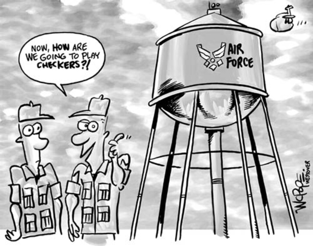 "Now how are we going to play checkers", Westover ARB's Water Tower gets a new paint job loosing the old red and white checkering.  (U.S. Air Force Cartoon by Master Sgt. W.C. Pope)