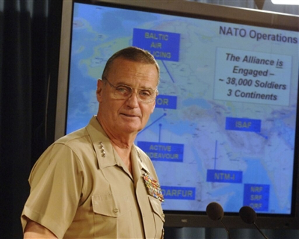 Supreme Allied Commander Europe and Commander of the U.S. European Command Gen. James L. Jones, U.S. Marine Corps, conducts a press briefing in the Pentagon on Sept. 20, 2006.  Jones provided an update of NATO operations, including NATO's International Security and Assistance Force in Afghanistan.  