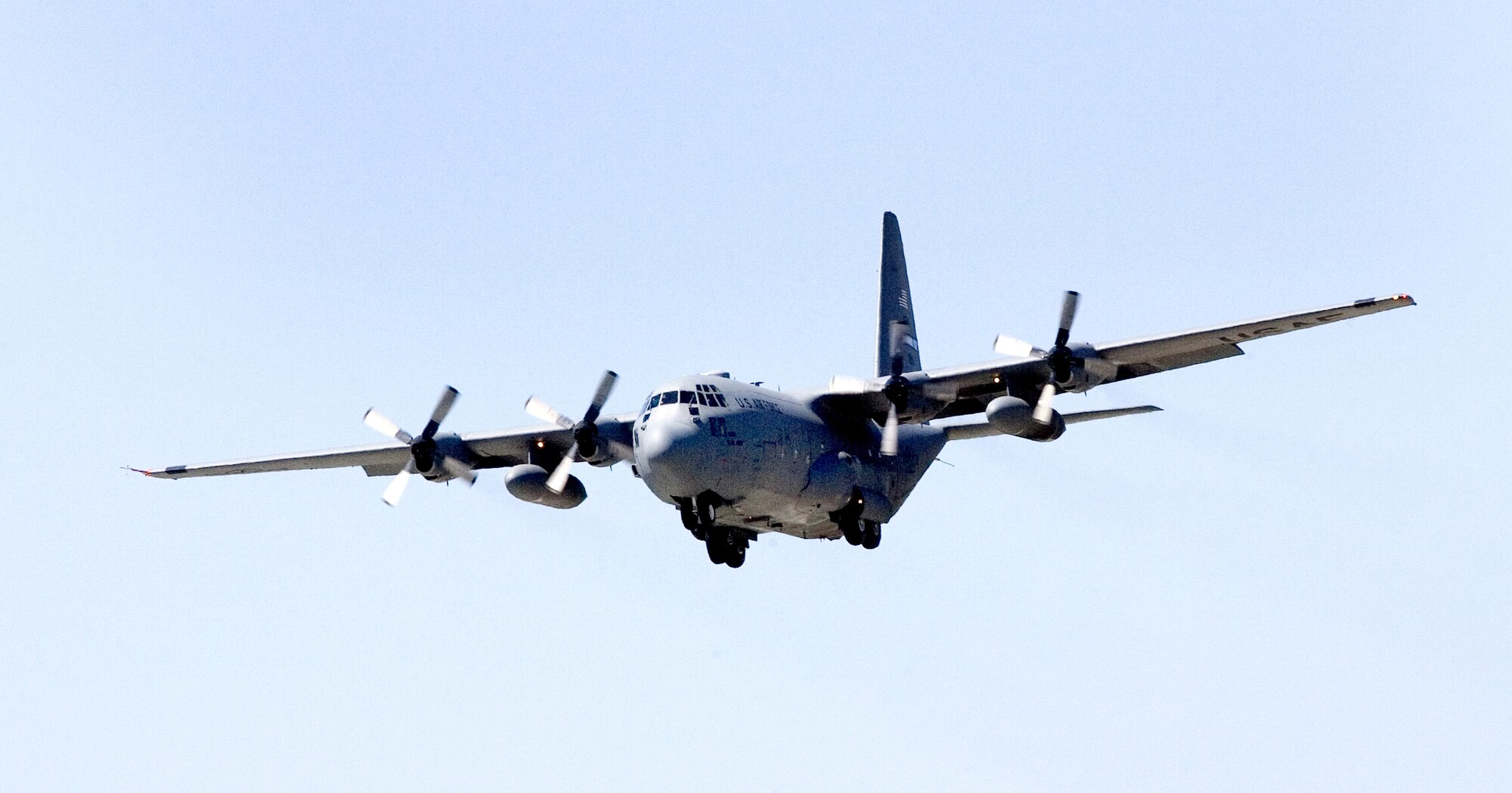 The first C-130 Avionics Modernization Program aircraft, designated H2, successfully completed its maiden flight from Lackland Air Force Base, Texas, Sept. 19.  Boeing test pilot Mike Leone and Air Force pilot Maj. Frank Delsing conducted the flight, which lasted approximately three hours.  (Boeing photo/Rich Rau)
