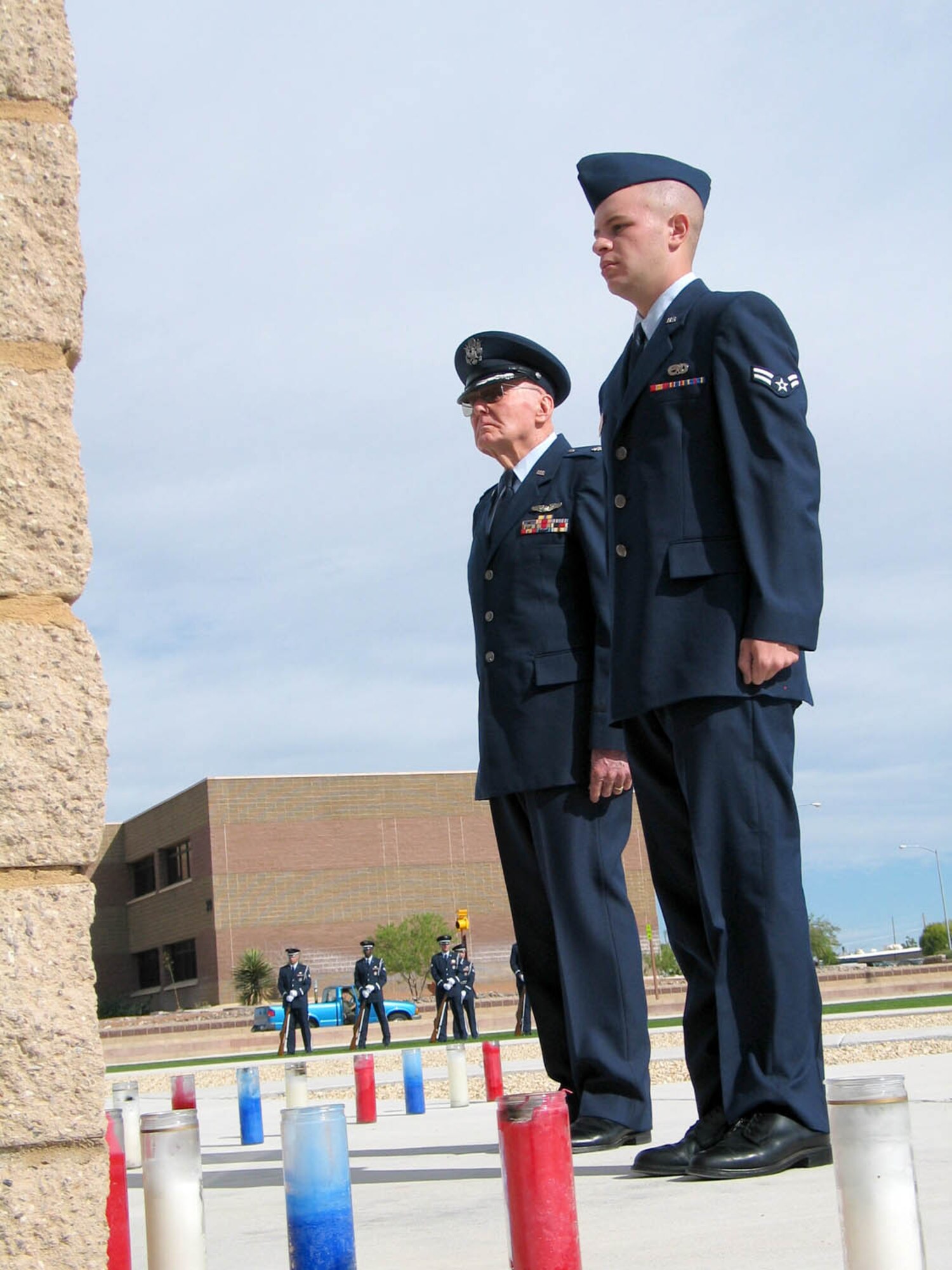 Air Force legacy of honor: World War II veteran Lt. Col (Retired) Francis McGough joined the vigil at Holloman’s POW/MIA memorial Sept. 20. Colonel McGough stood a 30-minute watch with Senior Airman Bradley Hellberg, 49th Materiel Maintenance Group. (Photo by Tom Fuller)