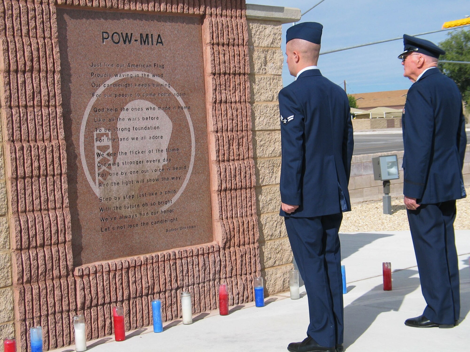 Air Force legacy of honor: World War II veteran Lt. Col (Retired) Francis McGough joined the vigil at Holloman’s POW/MIA memorial Sept. 20. Colonel McGough stood a 30-minute watch with Senior Airman Bradley Hellberg, 49th Materiel Maintenance Group. (Photo by Tom Fuller)