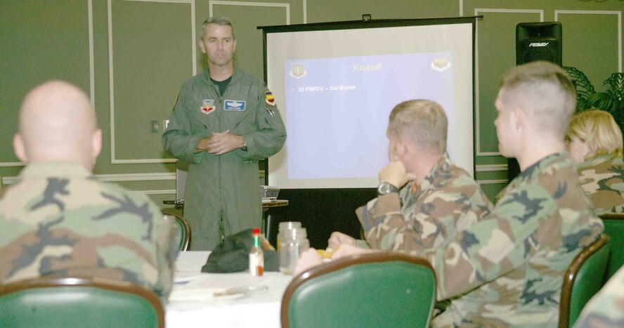 Col. Mike Byrne discusses how Airmen can help through the Combined Federal Campaign at the CFC kickoff luncheon at Carolina Skies Wednesday. (U.S. Air Force photo/Senior Airman John Gordinier)