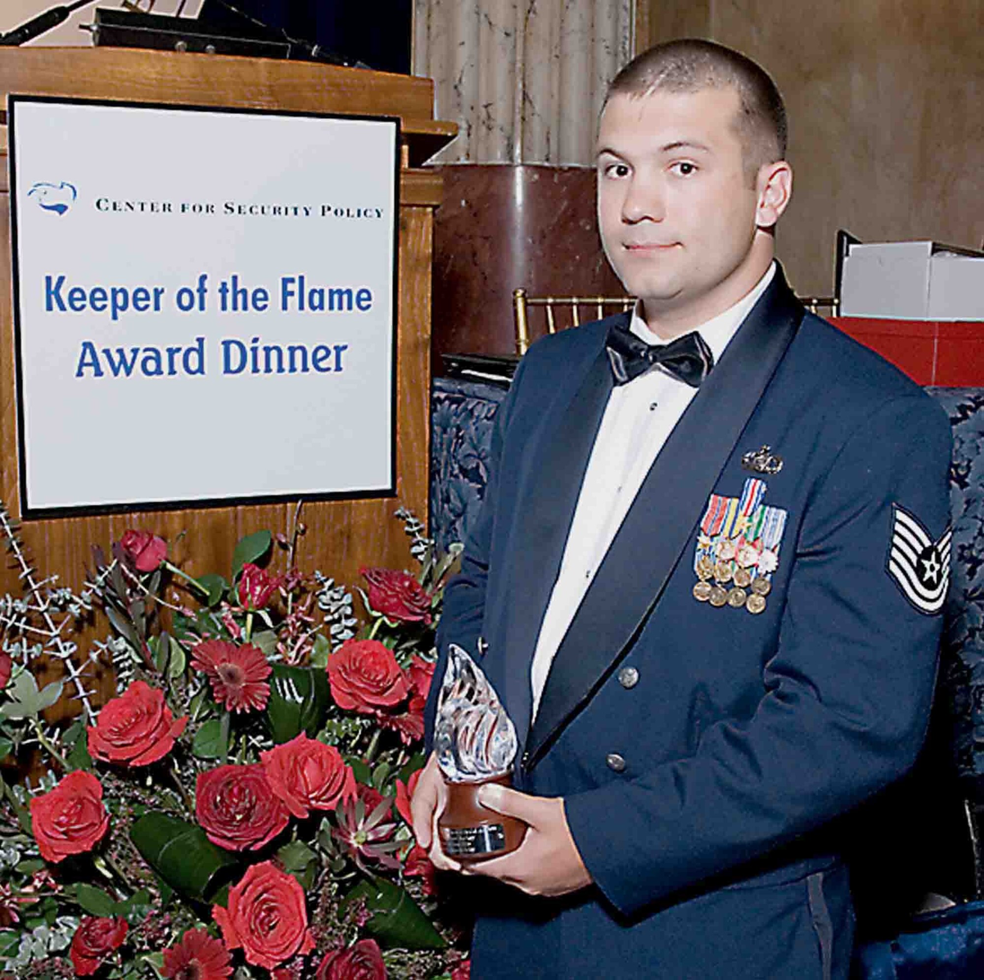 Tech. Sgt. Stephen Achey, 682nd Air Support Operations Squadron, was presented the Keeper of the Flame Award Wednesday in Washington, D.C., for his acts of heroism while in Afghanistan. (U.S. Air Force photo/Dennis Kan)
