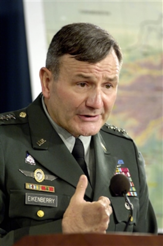 Commander of the Combined Forces Command - Afghanistan Lt. Gen. Karl Eikenberry, U.S. Army, conducts a press briefing in the Pentagon on Sept. 21, 2006, to update reporters on developments within his theater of operations.  