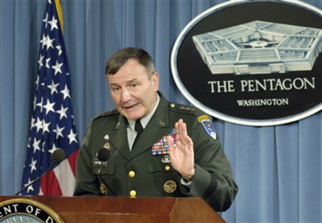 Commander of the Combined Forces Command - Afghanistan Lt. Gen. Karl Eikenberry, U.S. Army, conducts a press briefing in the Pentagon on Sept. 21, 2006, to update reporters on developments within his theater of operations.  