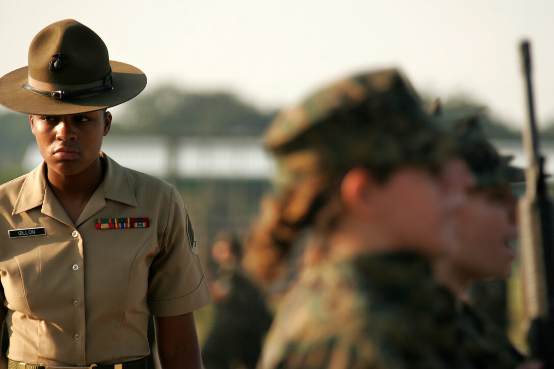 MARINE CORPS RECRUIT DEPOT PARRIS ISLAND, S.C. – Recruits from platoon 4040 drill under the watchful eye of Sgt. Stacy K. Gillon.