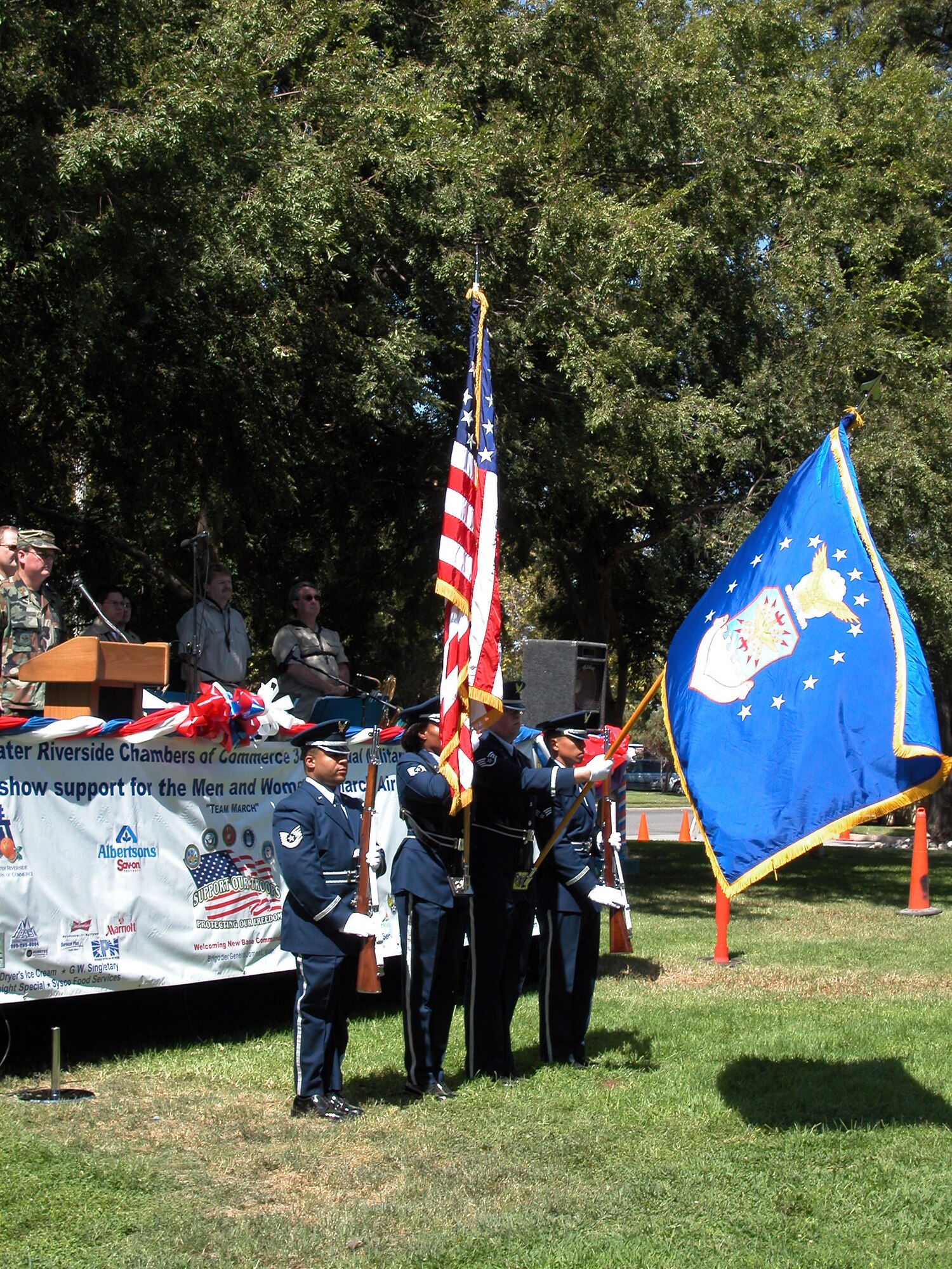 The March Air Reserve Base Honor Guard post the colors during the annual base wide picnic held on Saturday, September 16.  The local communities of Riverside and Moreno Valley organized and funded the picnic to show their appreciation to the military members who work at the base.  More than 5,000 military members and their families attended the event.  This is the 34th appreciate day picnic the community has hosted for the base.  (U.S. Air Force photo by Staff Sgt. Amy Abbott)