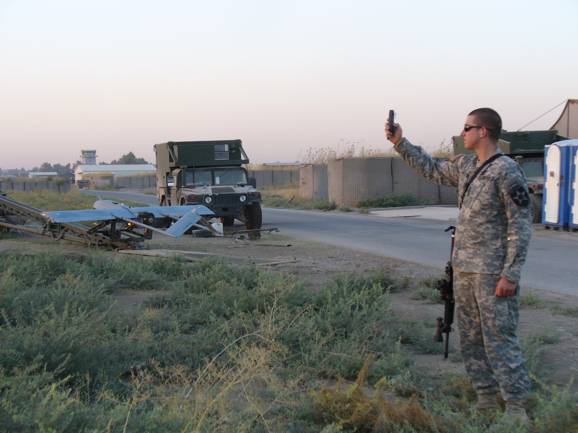 MCCHORD AIR FORCE BASE, Wash. — Staff Sgt. Gregory Spiker, 5th Expeditionary Air Support Operations Squadron, takes a weather observation for the launch of an unmanned aerial vehicle recently. Sergeant Spiker is deployed from the 1st Weather Squadron at Fort Lewis.
(U.S. Air Force photo/Tech. Sgt. Dawn Ross)
