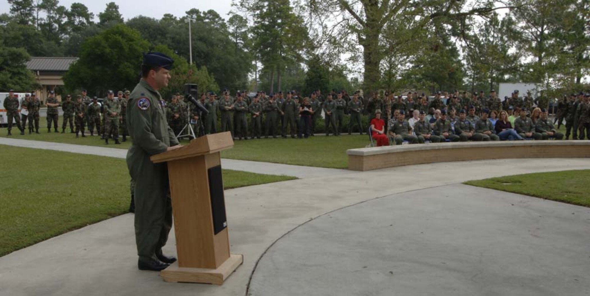 MOODY AIR FORCE BASE, Ga. -- Lt. Col. Robert Sweet, 435th Fighter Training Squadron commander, speaks at the POW/MIA ceremony here Sept. 15, about the his time as a prisoner of war during Operation Desert Storm. The ceremony was intended to show respect to America’s warriors who are prisoners of war or missing in action during National POW/MIA Remembrance Day. (USAF photo by Airman 1st Class Elizabeth Rissmiller)